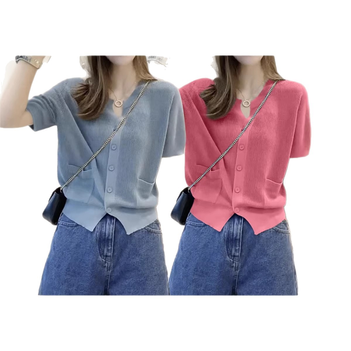 Womens Round-neck Blue Ice-silk Knitted T-shirt Top