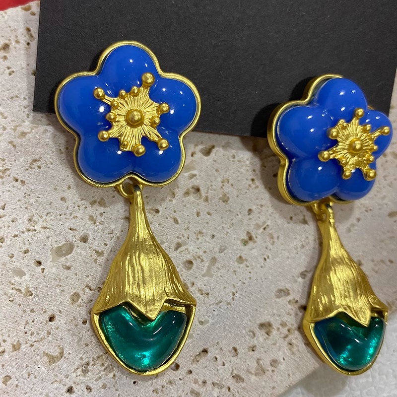Mid-century Blue Floral Earrings With 925 Silver Posts