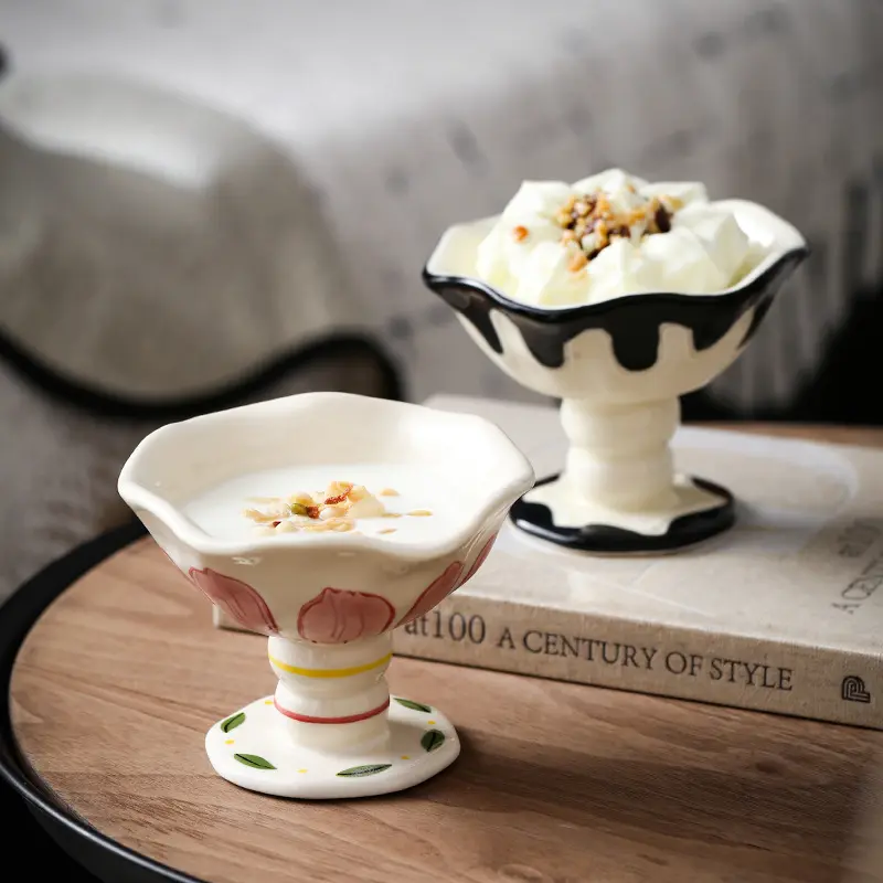 Underglaze Decorated Ceramic High Footed Cup Ice