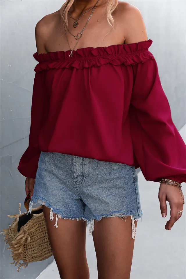 Solid Color Sexy Off the shoulder Lantern Sleeve T shirt Top For Women Wine Red - Shop at LoveMi