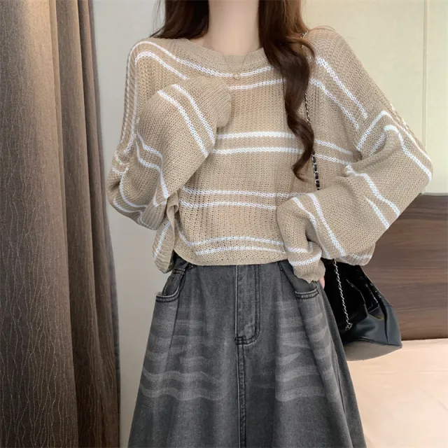 Striped Thin Sweater Loose Hollow out Short Top Apricot - Shop at LoveMi