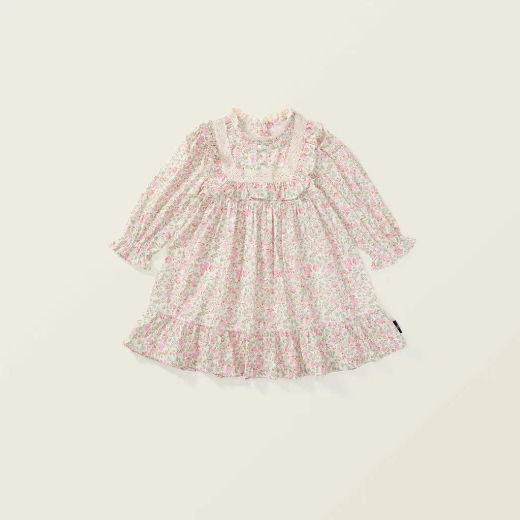 Girls' Floral Dress Garden Style Mori Style Lace Puff Sleeve Princess Dress - Pink Floral