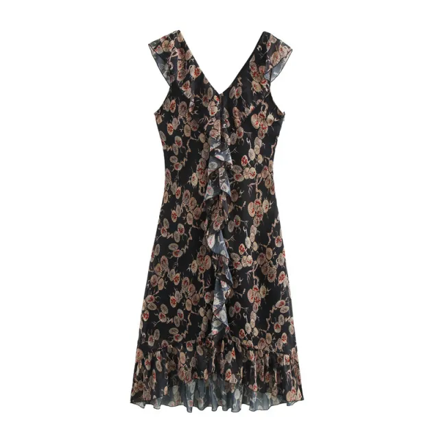 V neck Chiffon Sleeveless Waist tight Temperament Elegant Dress Vintage Printed Dress - Shop at LoveMi