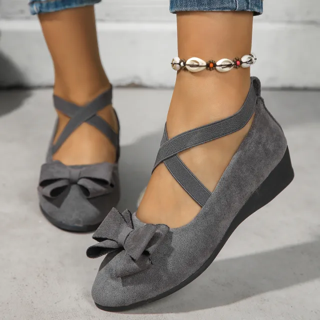 Suede Bow Cross Elastic Band Wedge Oversized Shoes Gray - Shop at LoveMi