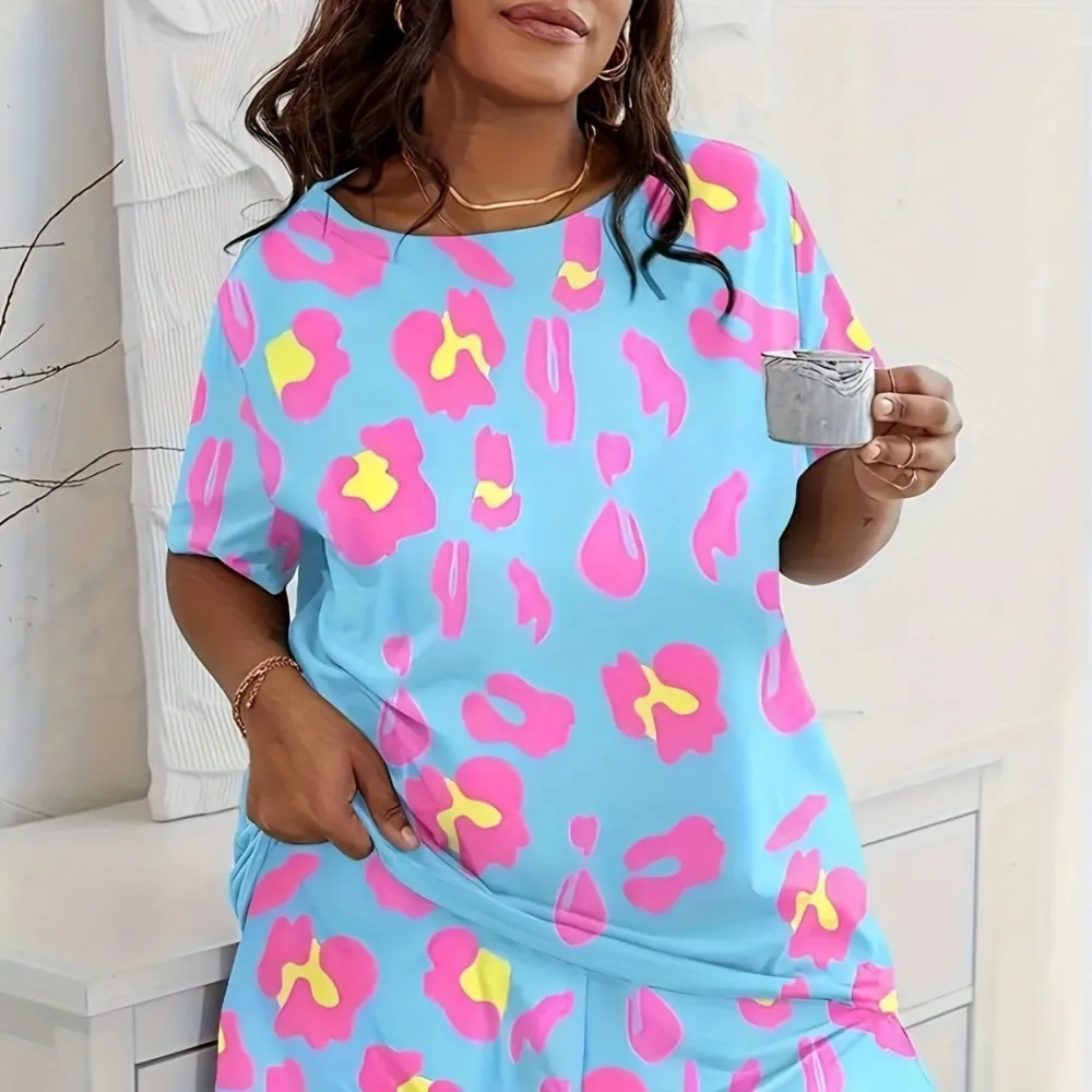Home Wear Suit Round Neck Printed Contrast Color Two-piece Set