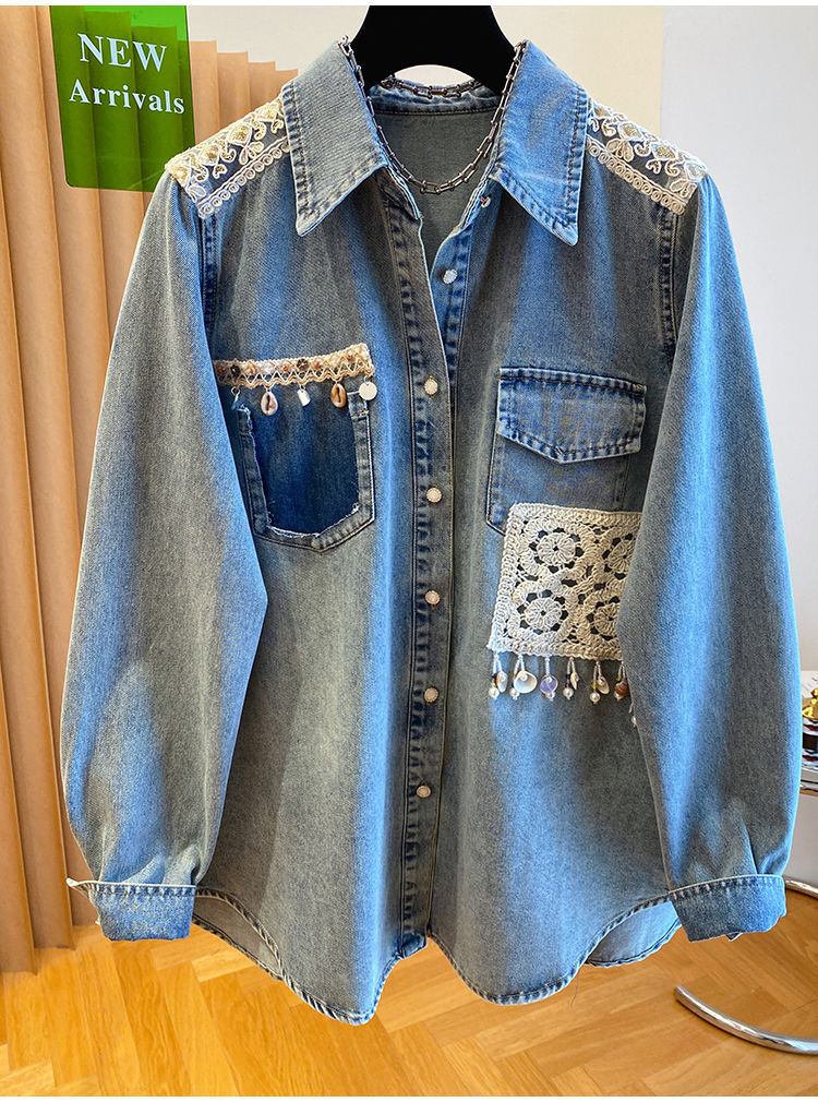 Loose-fit Lace Epaulette Patchwork Shirt Jacket Top Loose-fit Lace Epaulette Patchwork Shirt Jacket Top