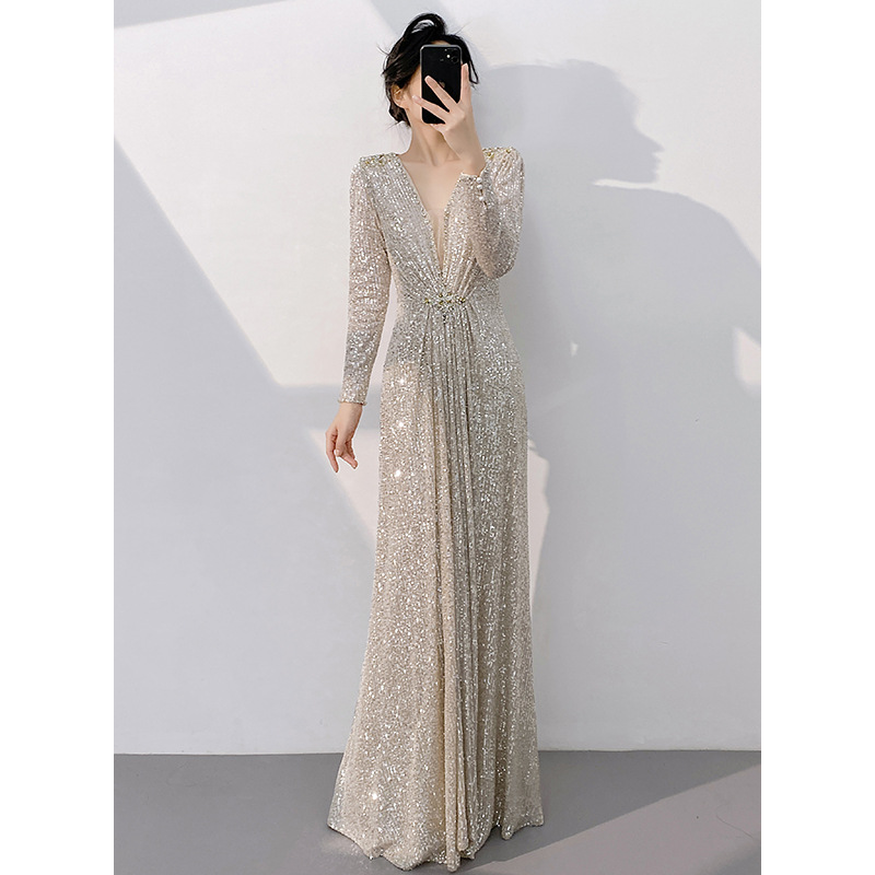 Silver Banquet Evening Dress Long Sleeve Slim-fit Light Luxury Sequins