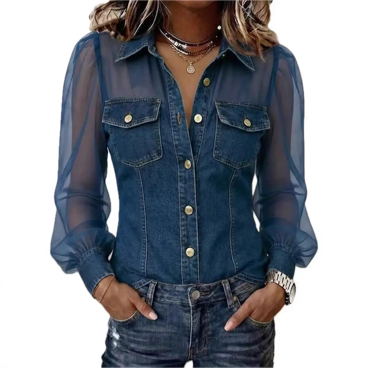 Womens V-neck Lace Long-sleeve Top