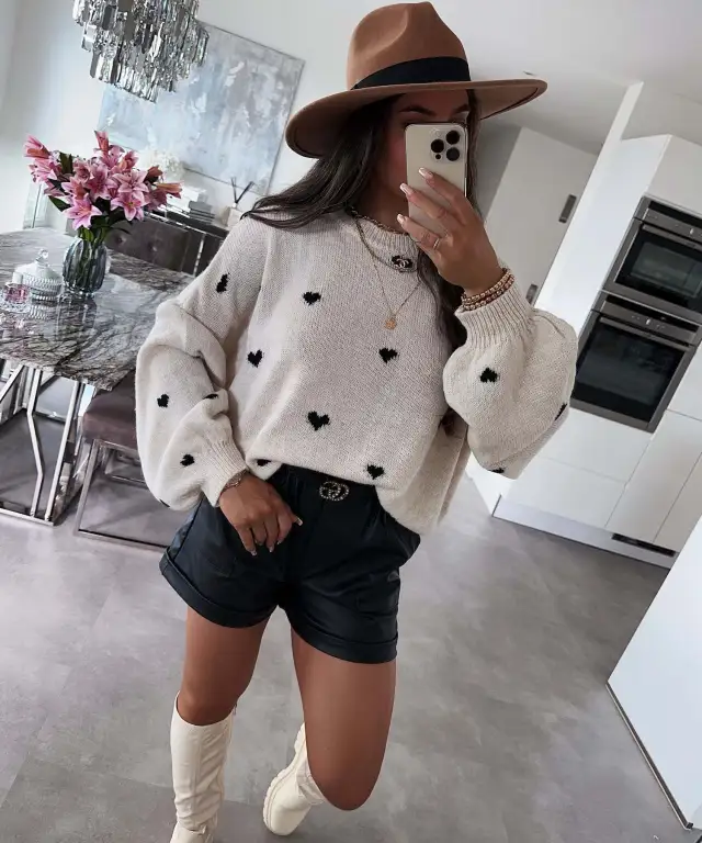 Female With Hearts Loose Sweater Pullover Long Sleeve Sweater Apricot - Shop at LoveMi
