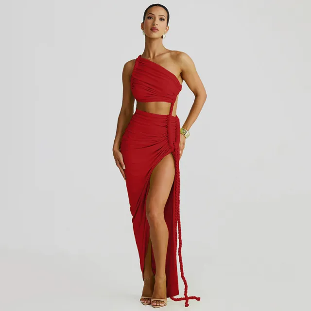 Fashion One Shoulder Tube Top Backless Hollow Tether Ruched Dress Red - Shop at LoveMi