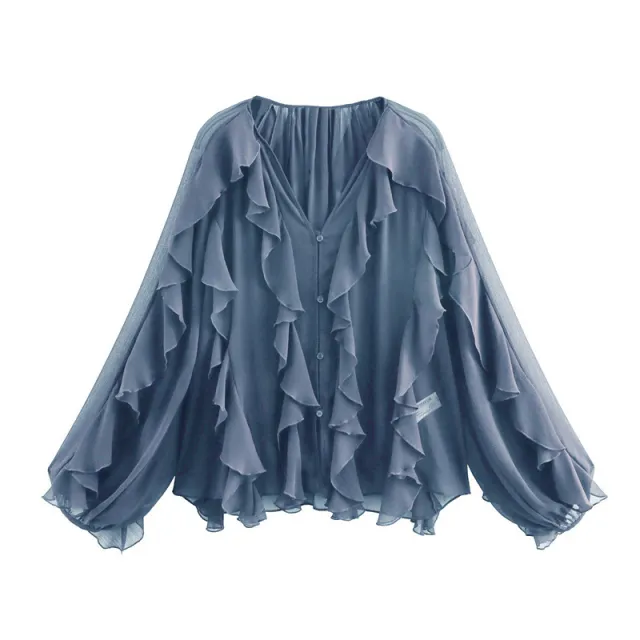 Women's Laminated Fashion V neck Long Sleeve Shirt Blue - Shop at LoveMi