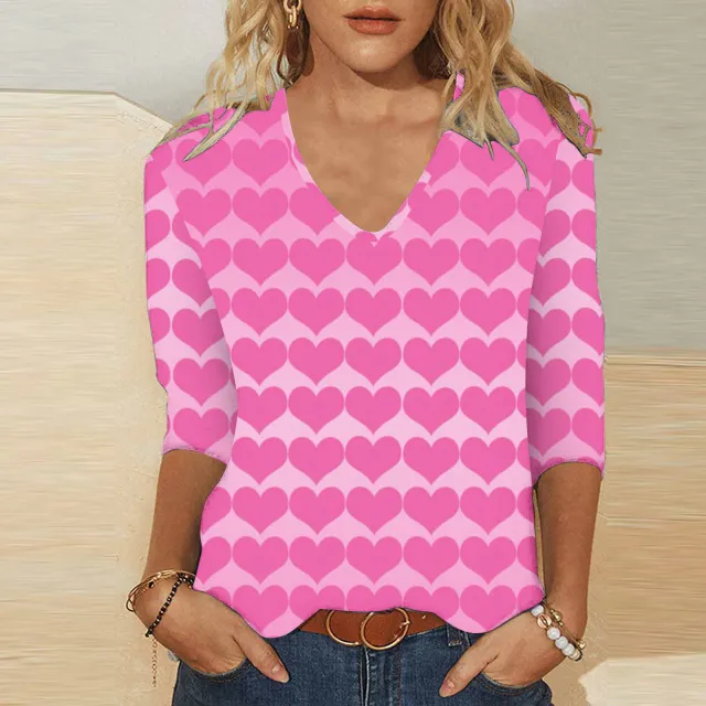3d Digital Printing Valentine's Day Heart Printing Women's Cute Casual Loose V neck 34 Sleeves T shirt Vqfxch0859 M - Shop at LoveMi