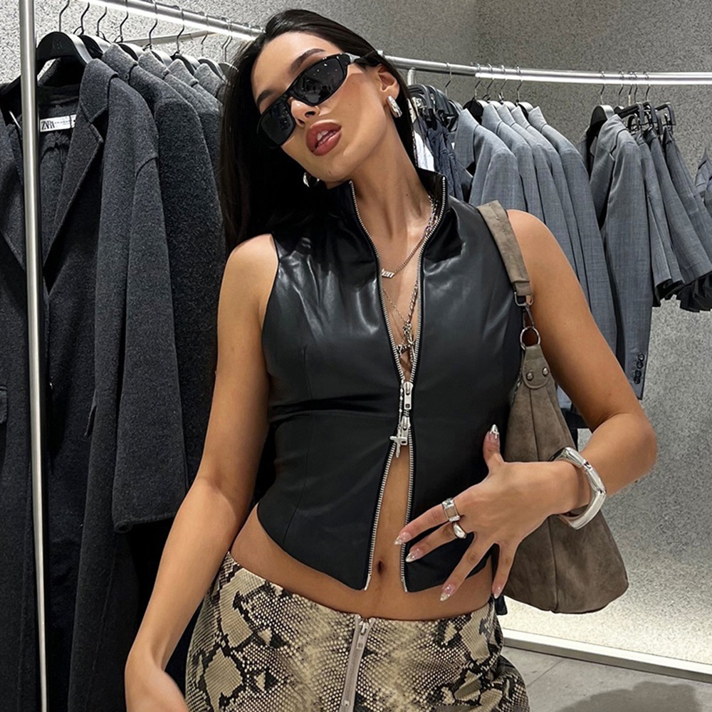 Womens Slim-fit Cropped PU Tank Top