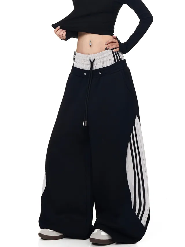 Womens Retro Korean Style Mock Two Piece Striped Patchwork Cropped Pants Black - Shop at LoveMi