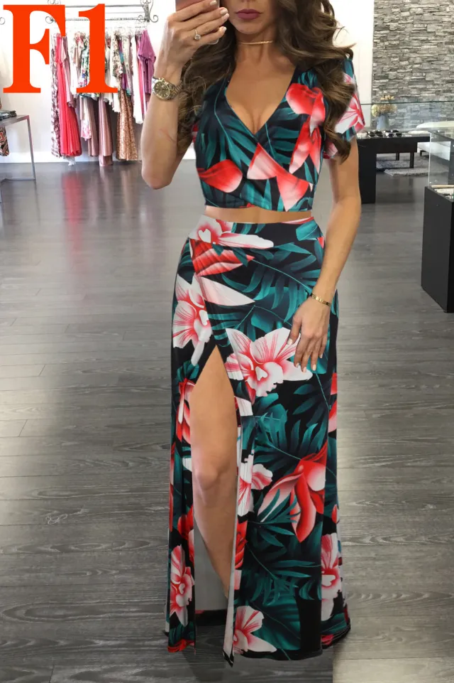Printed Floral Dress Two piece Suit For Women Green - Shop at LoveMi