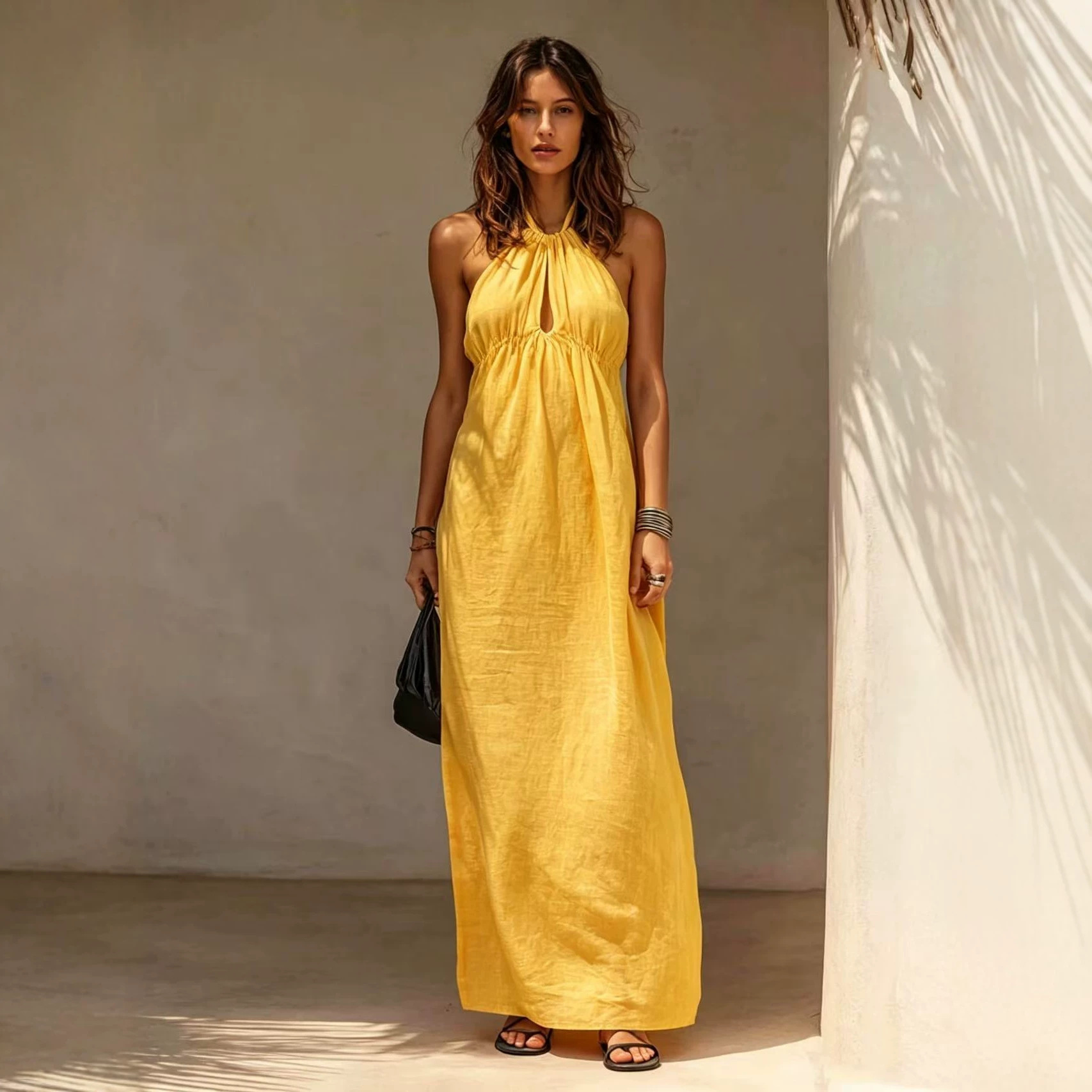 Womens Solid-color Long Halter-neck Dress