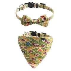 Japanese Style Tang Grass Pattern Cat Collar Two-piece Bow Triangular Binder - Yellow 2Pcs Set - View 1