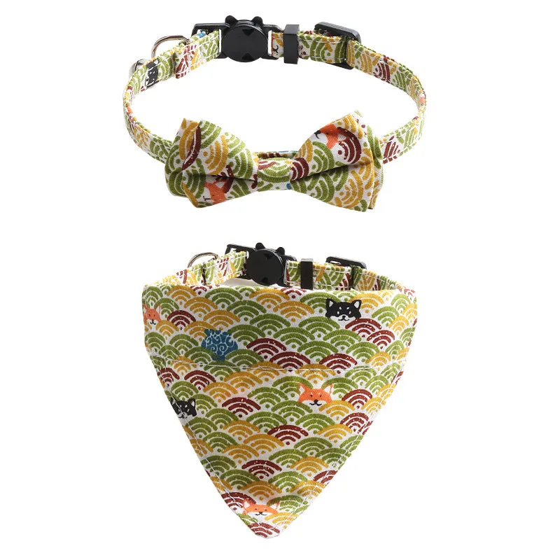 Japanese Style Tang Grass Pattern Cat Collar Two-piece Bow Triangular Binder - Yellow 2Pcs Set