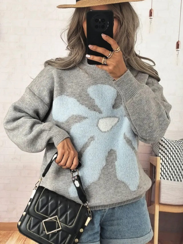 Casual Loose Knitted Round Neck Large Flower Jacquard Contrast Color Sweater Gray - Shop at LoveMi