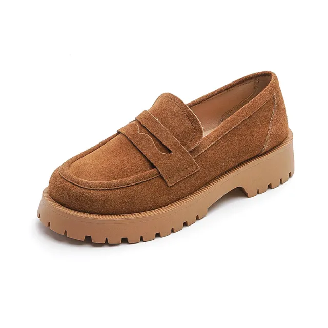 Loafers Comfort And Casual Matte Cowhide British Style Women's Shoes Chunky Heel Platform Slip on Retro Khaki - Shop at LoveMi