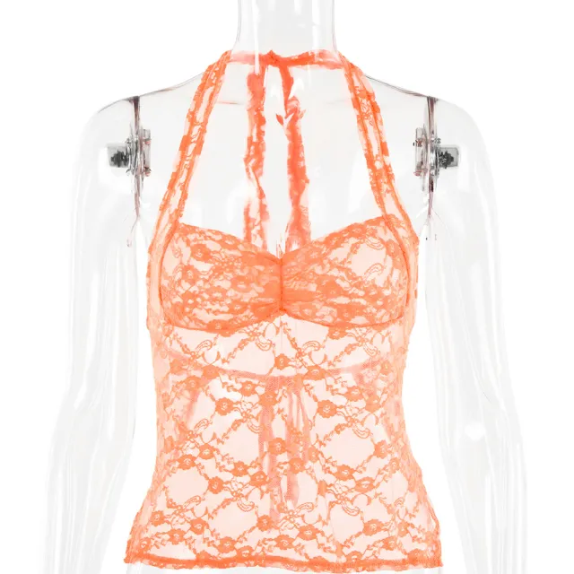 Lace Splicing Sling Halter Small Top Women's Sexy See through T shirt Orange - Shop at LoveMi