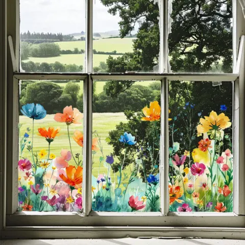 Flowers, Plants And Flowers Combination Glass Paster Decorative Sticker