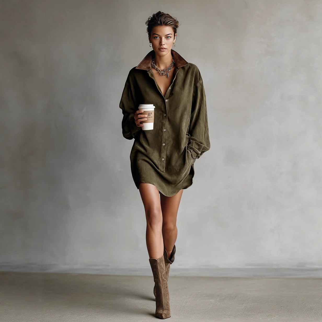Women's Retro Loose Fit French Style Shirt Dress Olive - Shop at LoveMi