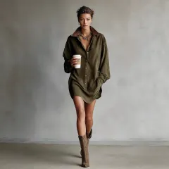 Women's Retro Loose-Fit French-Style Shirt Dress - Olive - View 1