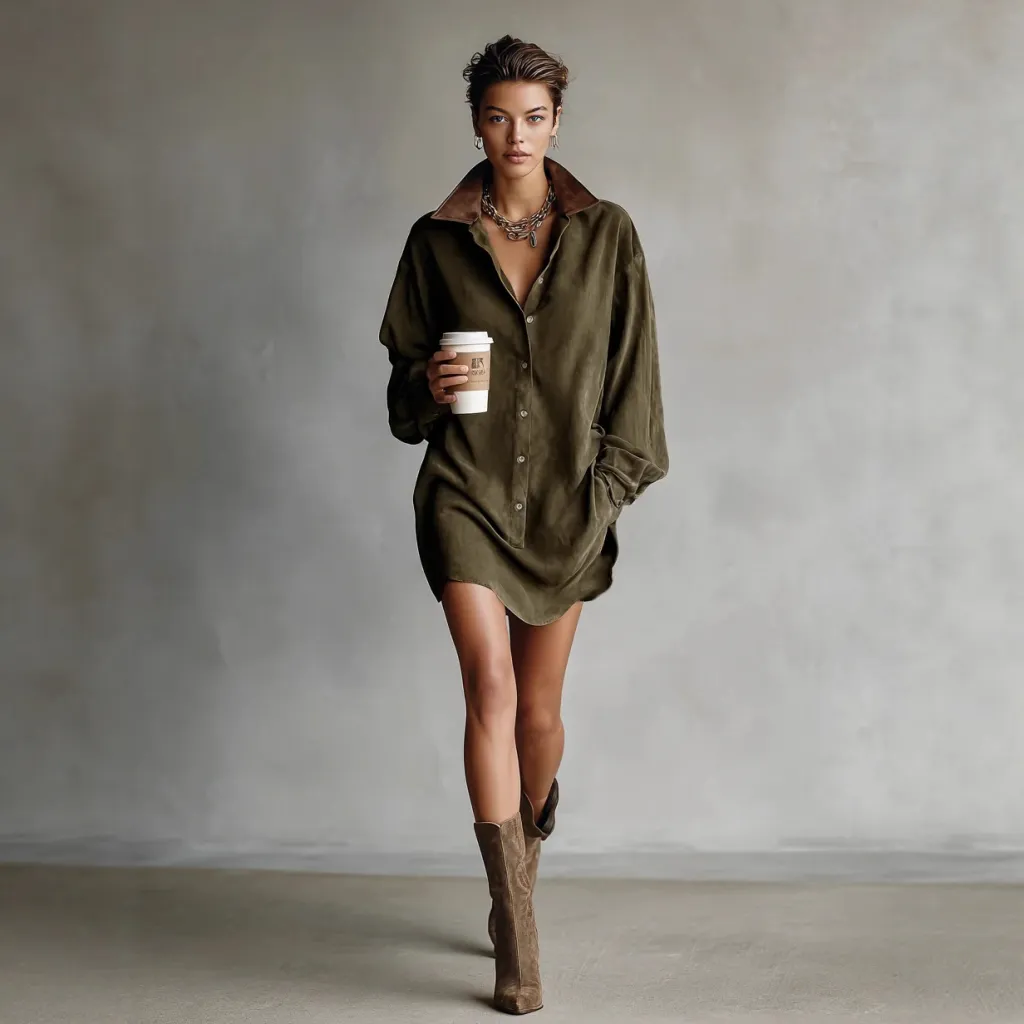Women's Retro Loose-Fit French-Style Shirt Dress - Olive