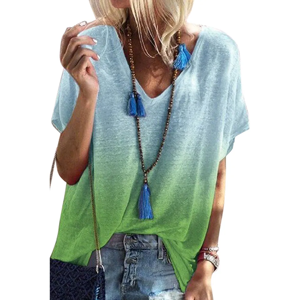Women's Fashion Casual Contrast Color Short Sleeve Top - Green