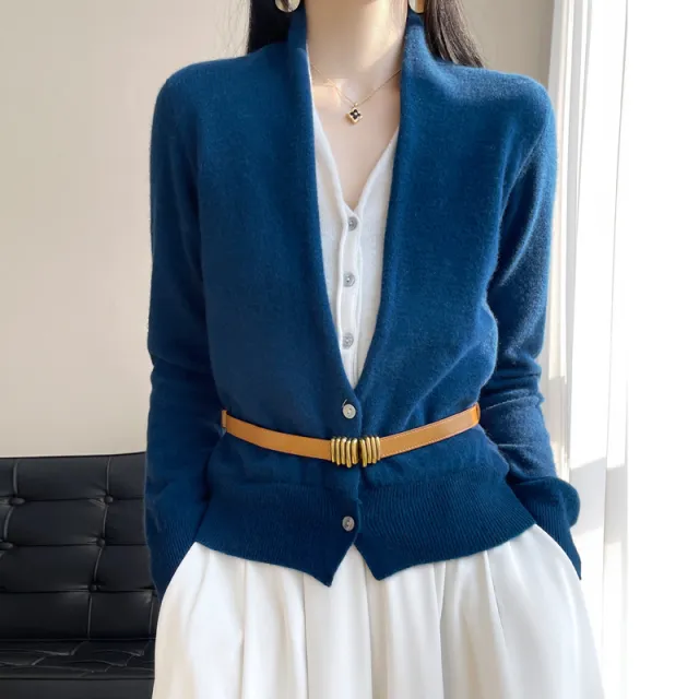 Pure Wool Women's Spring And Autumn V neck Stitching Coat Knitted Top Seaweed Blue - Shop at LoveMi