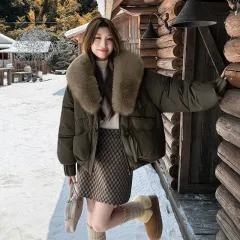 Big Fur Lapel Cotton-padded Coat Women - Grey - View 1