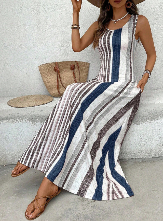 فستان ماكسي مخطط أنيق بدون أكمام بقصة A