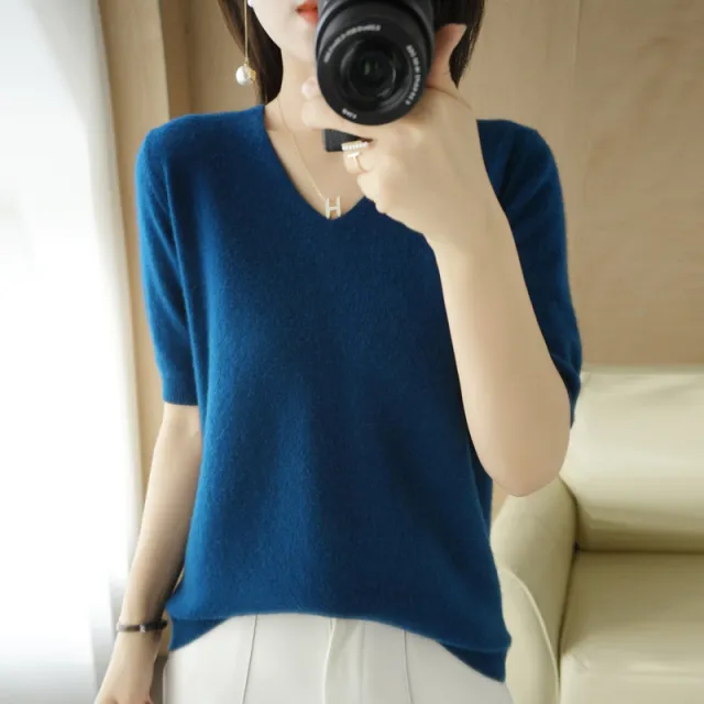Round Neck Loose Base T Shirt Women Seaweed Blue - Shop at LoveMi