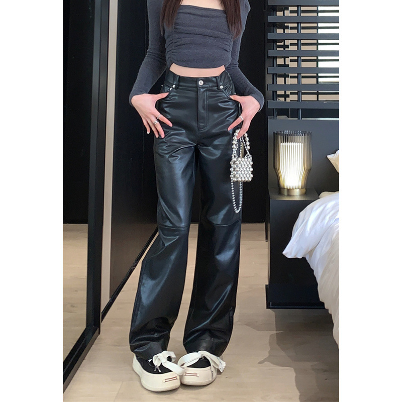 Style High Waist Slimming Sense Of Design Leather Trousers Black - Shop at LoveMi