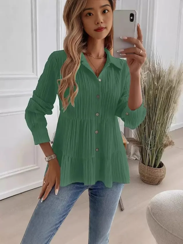 Women's Casual Versatile Long Sleeve Shirt Green - Shop at LoveMi