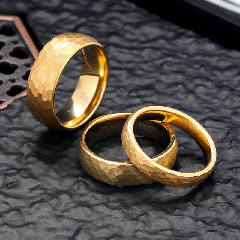 Wide Mens And Womens Gold-Plated Hammered Tungsten Carbide Ring