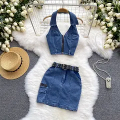 Women's Retro Slim Short Sleeveless Halter Denim Vest Two-piece Set - Blue - View 1