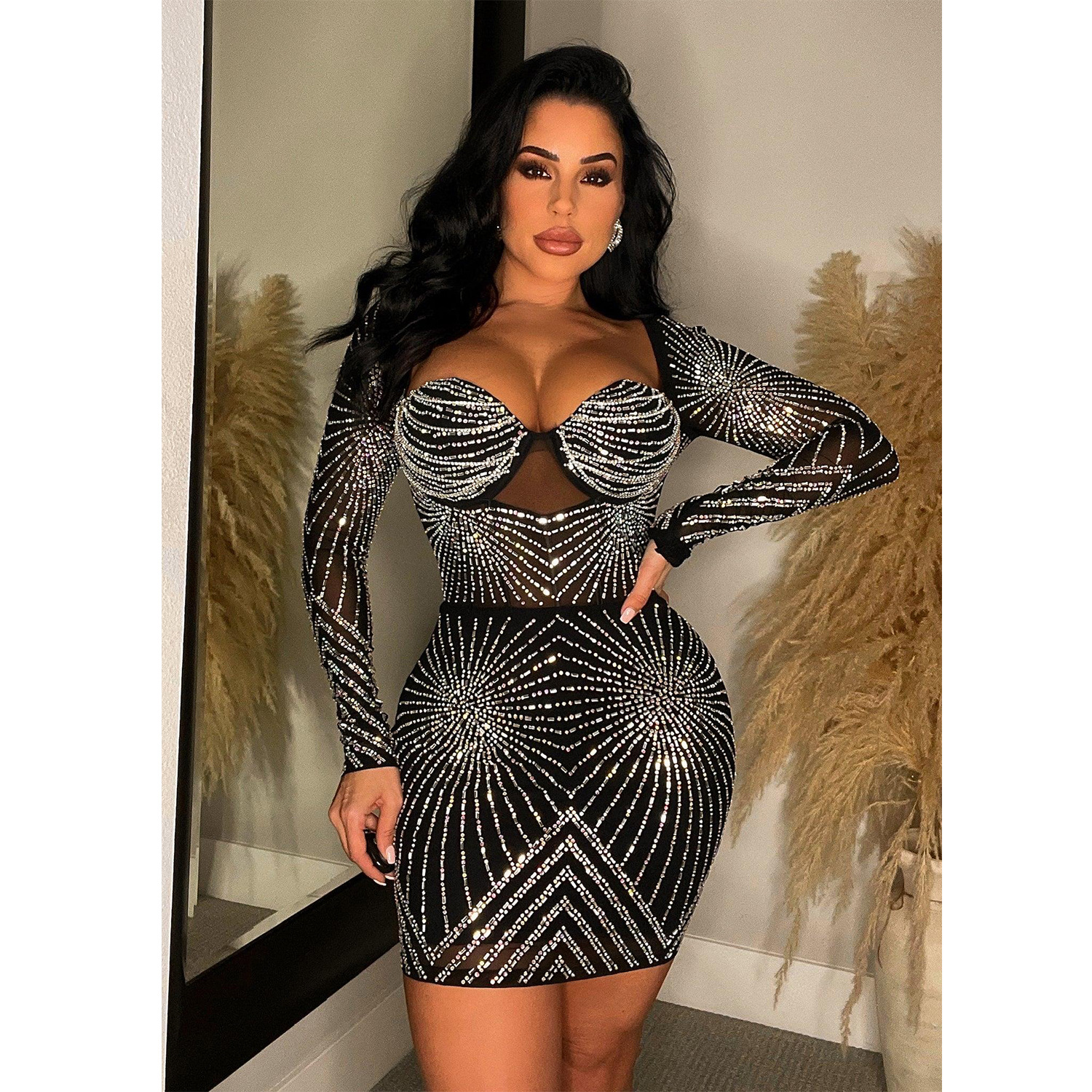 Women's Pure Color Mesh Rhinestone Long Sleeve Short Dress