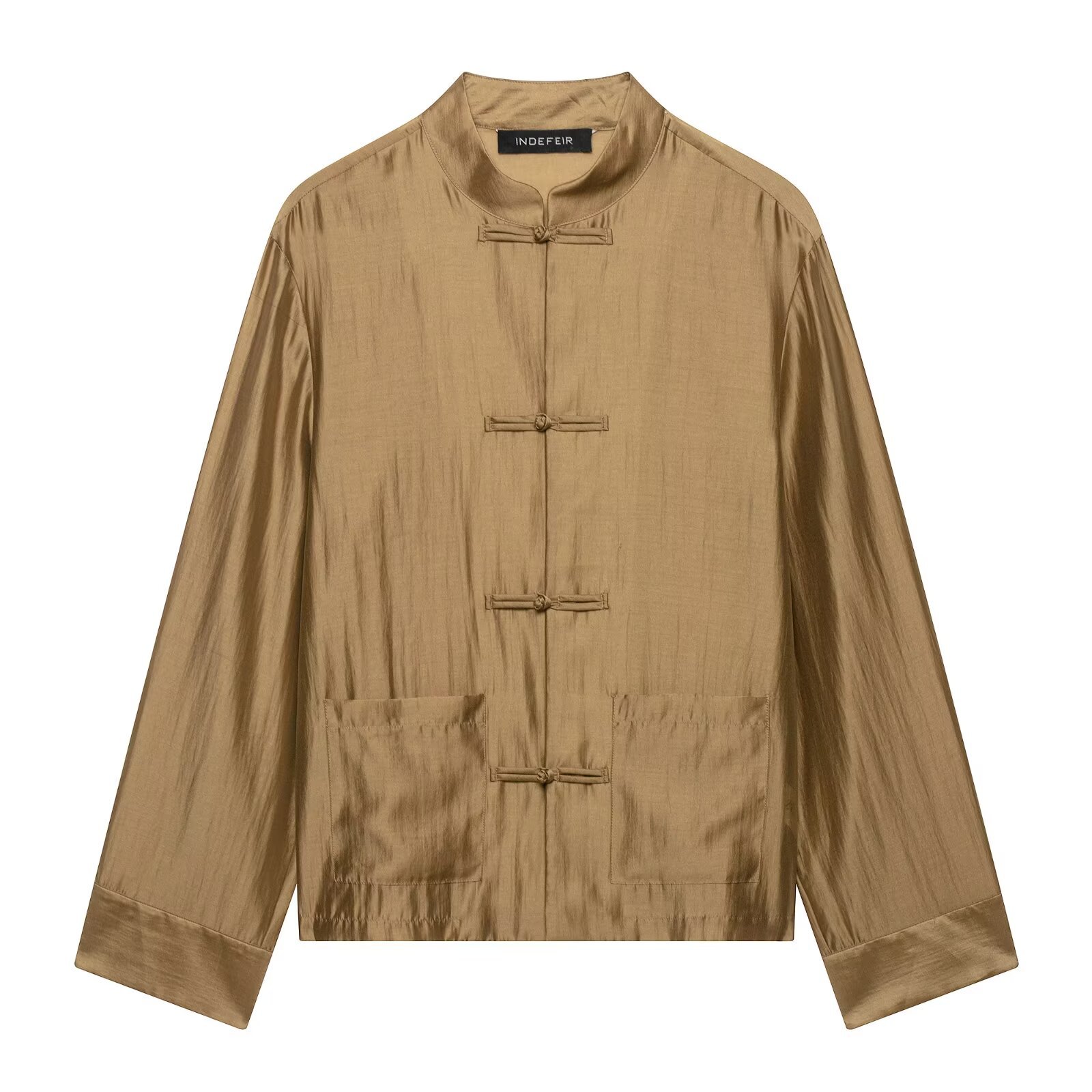 Womens Mandarin-collar Long-sleeve Satin Shirt With A Bow-tie Button