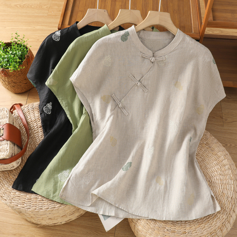 Gourd-pattern Ramie-cotton Embroidered Top Womens Elegant Short-sleeve Blouse — image 1