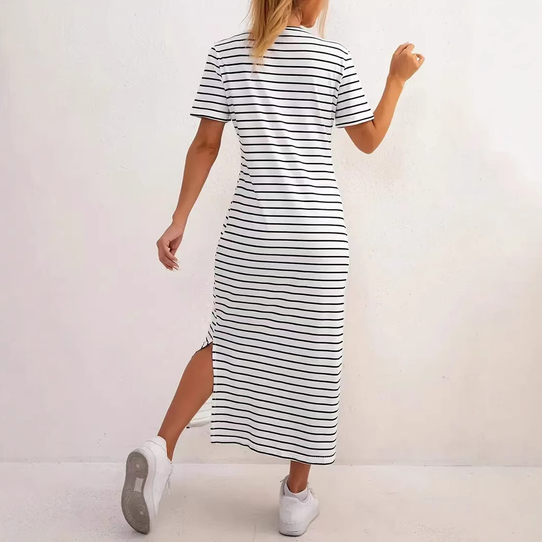 Women's Black And White Striped Dress Short Sleeve Floral Print Slit Black - Shop at LoveMi