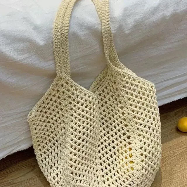 Hand woven Tote Hollow Holiday Straw Beach Casual Shoulder Bag Beige - Shop at LoveMi