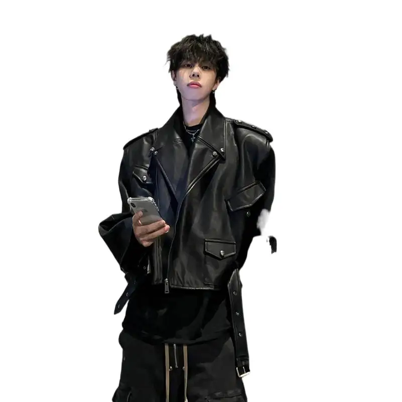Black Short PU Leather Jacket For Male Models