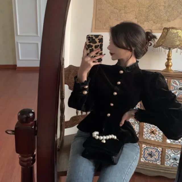 French Royal Style Velvet Lace Shirt For Women Black - Shop at LoveMi