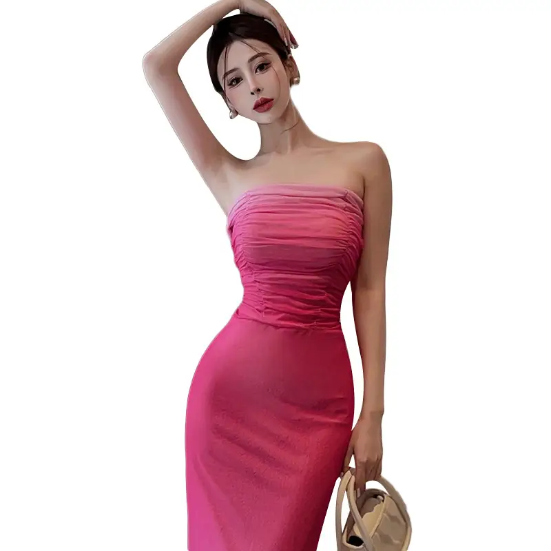 Off-shoulder Vacation Style Mid-length Gradient Handbag Hip Dress