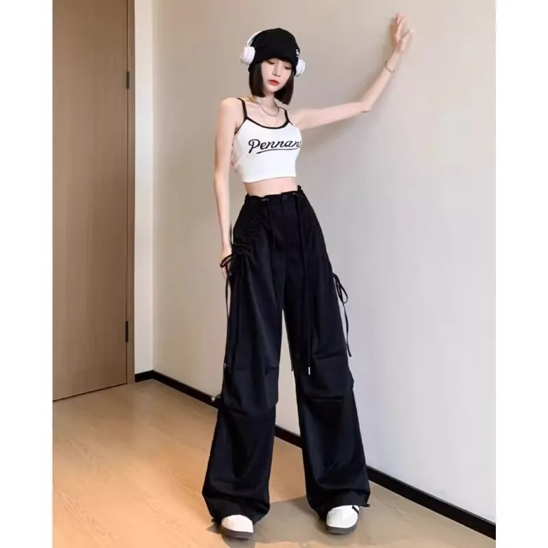 Light Gray Overalls Straight Loose Wide-leg Casual Pants - Black