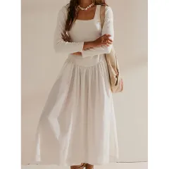 Fashion Slim Solid Color Long Sleeve Dress For Women - White - View 1
