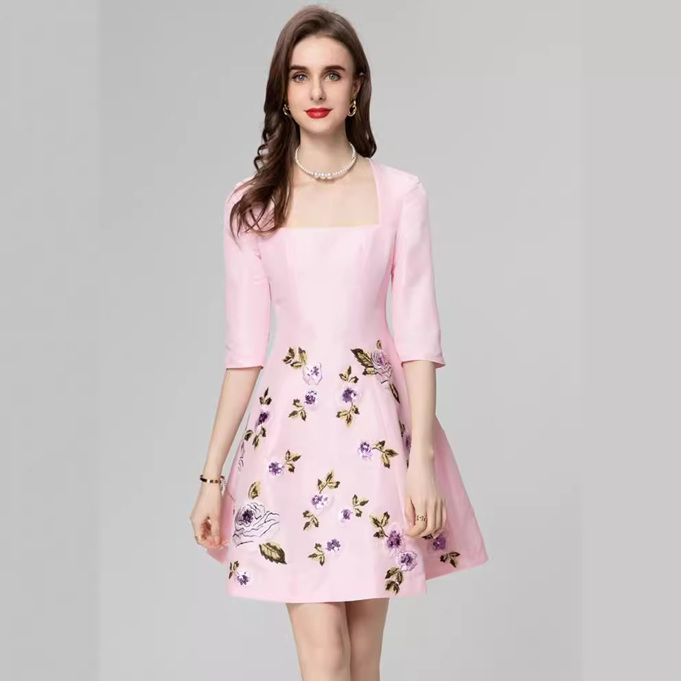 Exquisite Embroidered Flowers Half Sleeve Skirt Dress — image 1