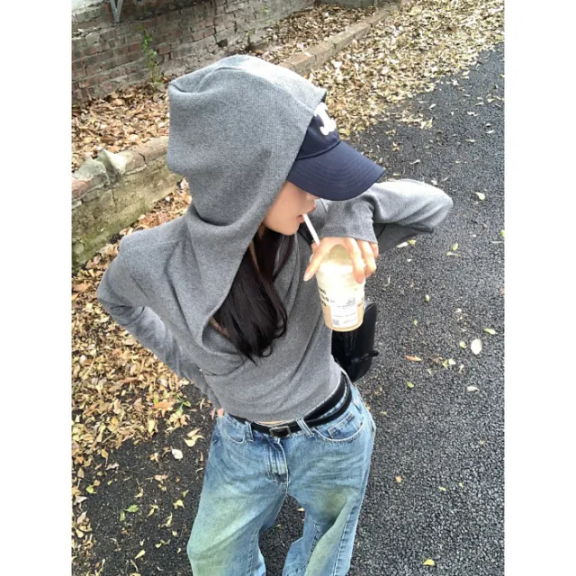 Fashion Cross Hooded Long Sleeve T Shirt Women Gray - Shop at LoveMi